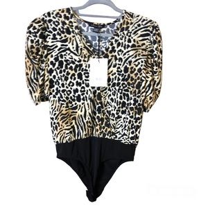 A Love Story Gia Faux Wrap Leopard Print Puff Sleeve Bodysuit Black Brown medium